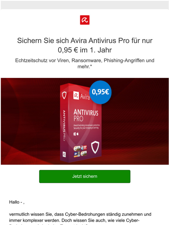 — , sichern Sie sich Ihr erstes Jahr Avira Antivirus Pro für nur 0,95 €!