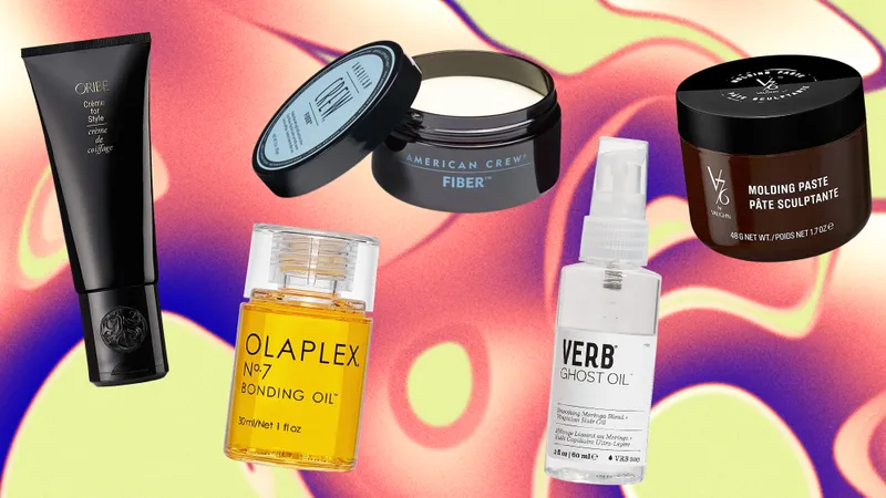 A collage of multiple hair products including pomade, hair oil, and spray on a colorful abstract background