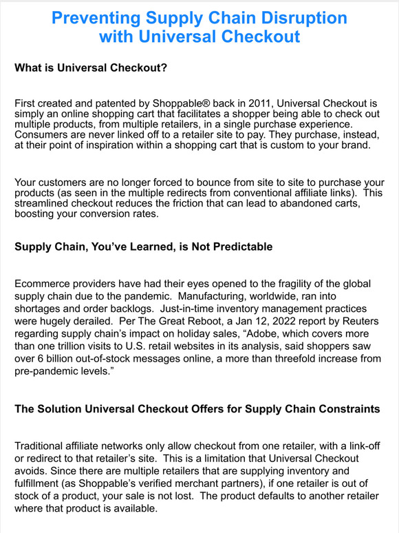 Shoppable® News:  Prevent Supply Chain Disruption with Universal Checkout (what it is and how it works)