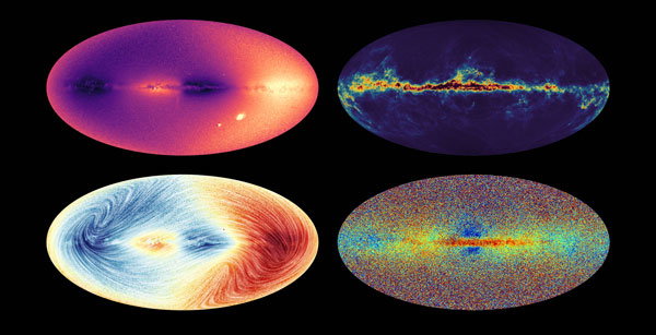The four sky maps of the Milky Way made with the new ESA Gaia data released on 13 June 2022.