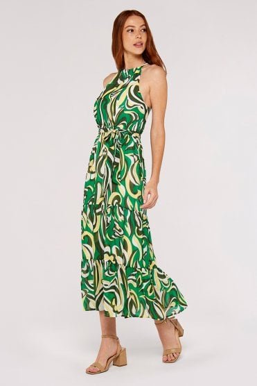 Apricot Swirl Print Halterneck Dress
