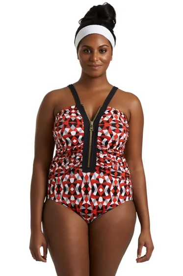 ALWAYS FOR ME RED PLUS SIZE LOLA ZIP FRONT ONE PIECE SWIMSUIT