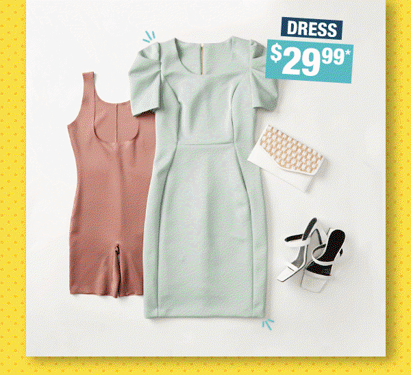 Dresses ($29.99), Shapewear ($14.99) Handbags ($14.99), Heels ($27.99)