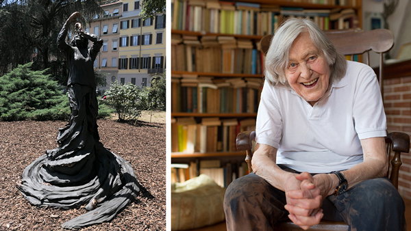 Left, a statue of Margherita Hack gazing towards the sky in Milan, Italy; right, a portrait of Margherita Hack in her home, 2012
