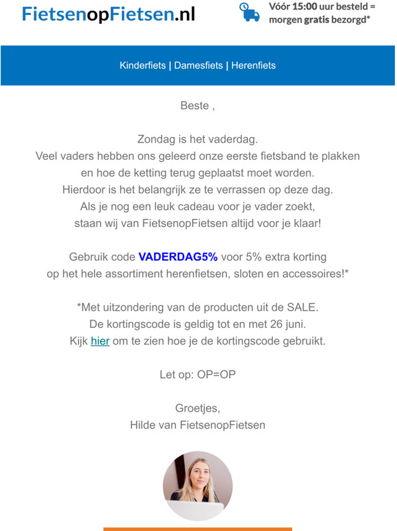 Vaderdagcadeau nodig? 5% korting op alle herenfietsen, sloten en accessoires