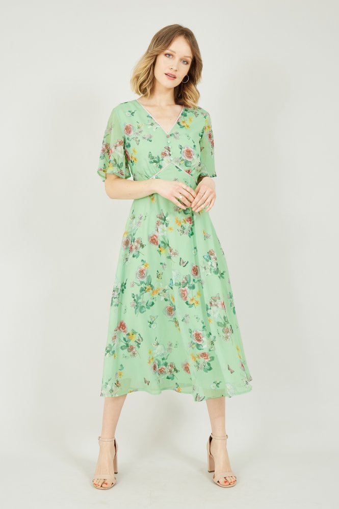 Yumi Sage Green Blossom Butterfly Print Midi Dress