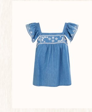 Embroidered denim top in sustainable cotton blue
