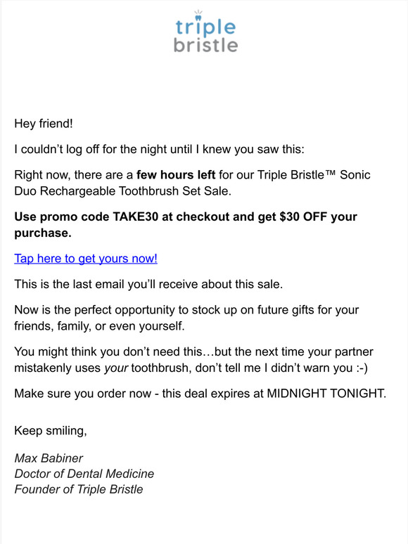 [DEADLINE]: $30 OFF sale expires in 3..2..1…