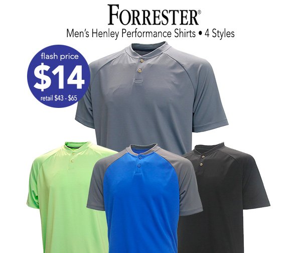 Forrester Men's Henley Performance Shirts - only $14