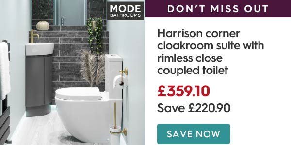 Mode Harrison slate gloss grey corner cloakroom suite with rimless close coupled toilet