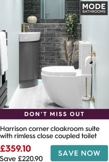 Mode Harrison slate gloss grey corner cloakroom suite with rimless close coupled toilet