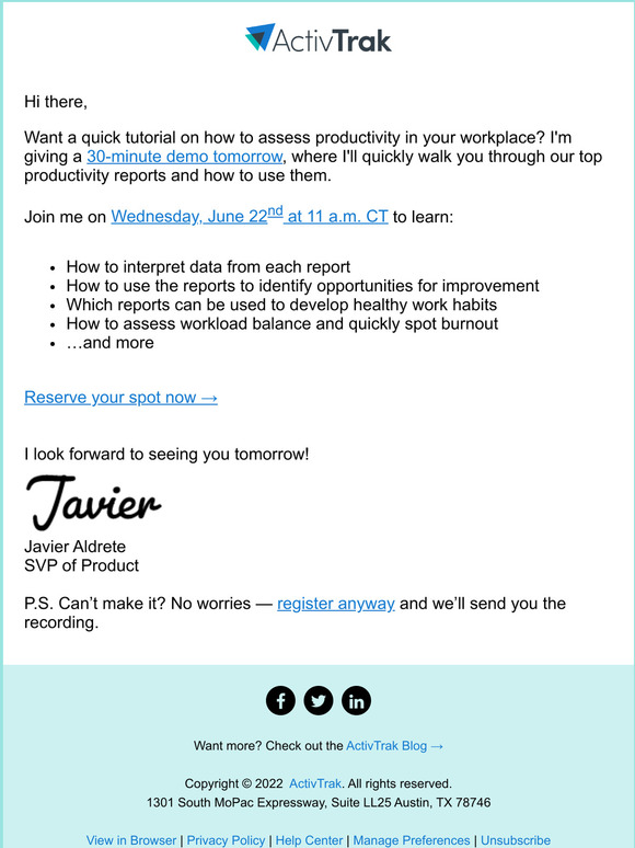 Tomorrow's LIVE demo: See the top 10 productivity reports inside ActivTrak!