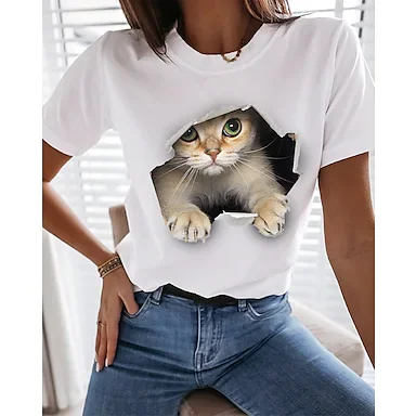 Women's Casual Daily 3D Cat Funny Tee Shirt T shirt Tee Cat Graphic 3D Short Sleeve Print Round Neck Basic Tops 100% Cotton White Black S