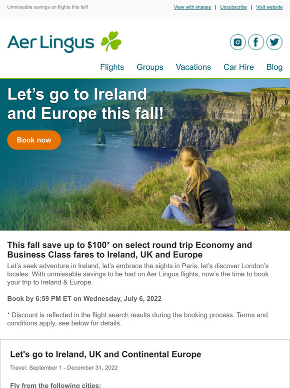 Aerlingus ️ Save up to 100 off fall fares to Ireland, UK & Europe