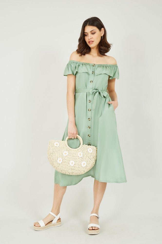 Yumi Green Bardot Button Down Dress