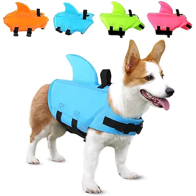 Pet Life Jacket, Dog Swimsuit with Shark Fin, Swimming Float Saver with Superior Buoyancy and Rescue Handle for Small Medium Large Dogs