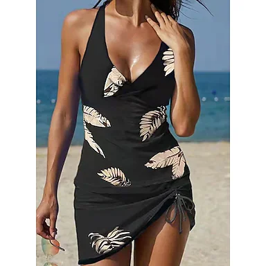 Women's Swimwear Tankini 2 Piece Plus Size Swimsuit Open Back Printing for Big Busts Trees / Leaves Black Halter V Wire Bathing Suits New Vacation Fashion / Modern / Padded Bras