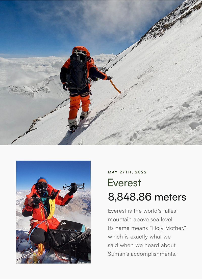 May 27th, 2022 | Everest | 8,848.86 meters Everest is the world’s tallest mountain above sea level.  Its name means “Holy Mother,” which is exactly what we  said when we heard about  Suman’s accomplishments.