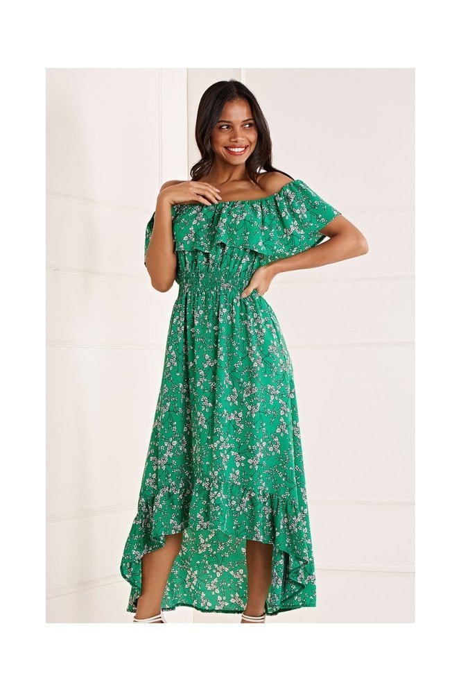 Mela Green Bardot Asymmetric Maxi Dress