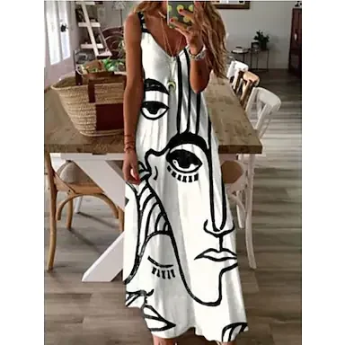 Women's A Line Dress Maxi long Dress White Sleeveless Print Ruched Print Spring Summer V Neck Elegant Casual 2022 S M L XL XXL 3XL