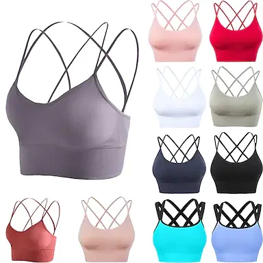 Strappy Sports Bras for Women, Padded Cross Back Sport Bras with Elastic Shoulder Straps, Double-Layer Hem for Medium Support Seamless Knitted Sexy Crisscross Back Yoga Bra for Fitness