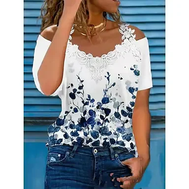 Women's T shirt Off Shoulder Lace Flower / Floral Daily Off Shoulder T-shirt Sleeve Regular Summer White
