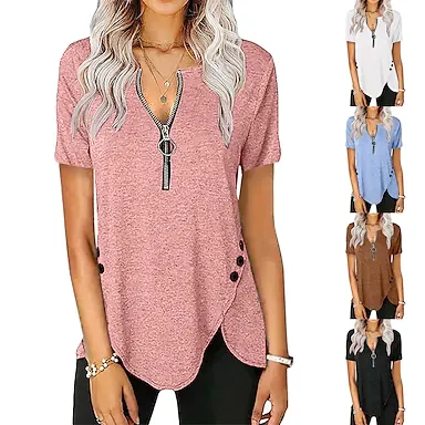 Women's casual short-sleeved top v-neck zipper button t-shirt women