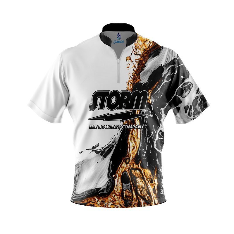 Image of Storm Black And Gold Liquid Marble Quick Ship CoolWick Sash Zip Bowling Jersey