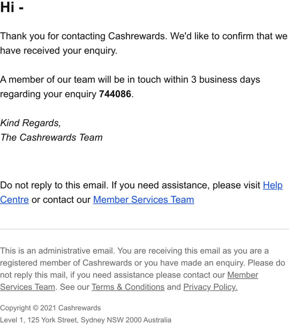 Your Cashrewards enquiry