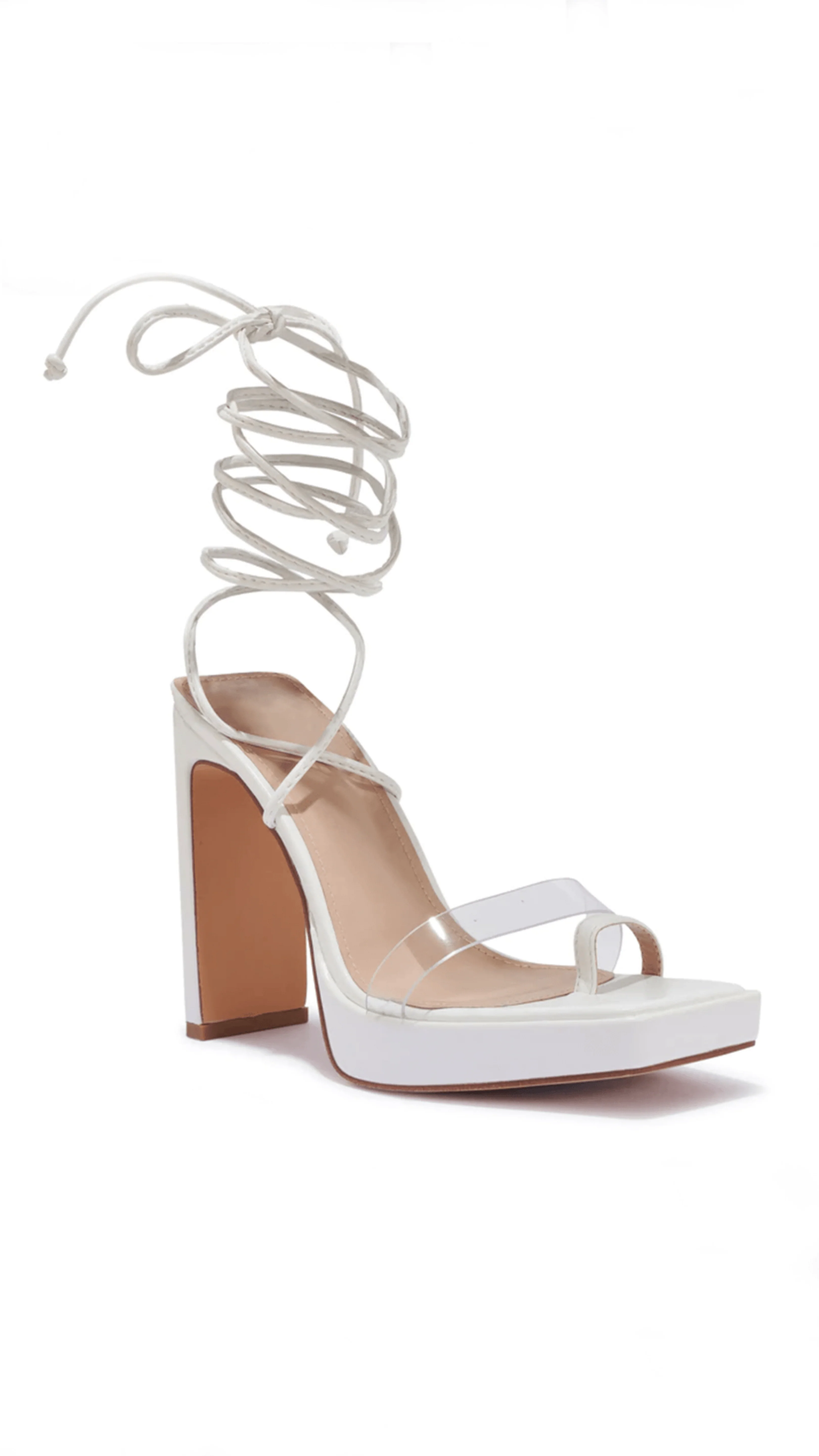 Image of White Square Toe Block Tie Up Heels