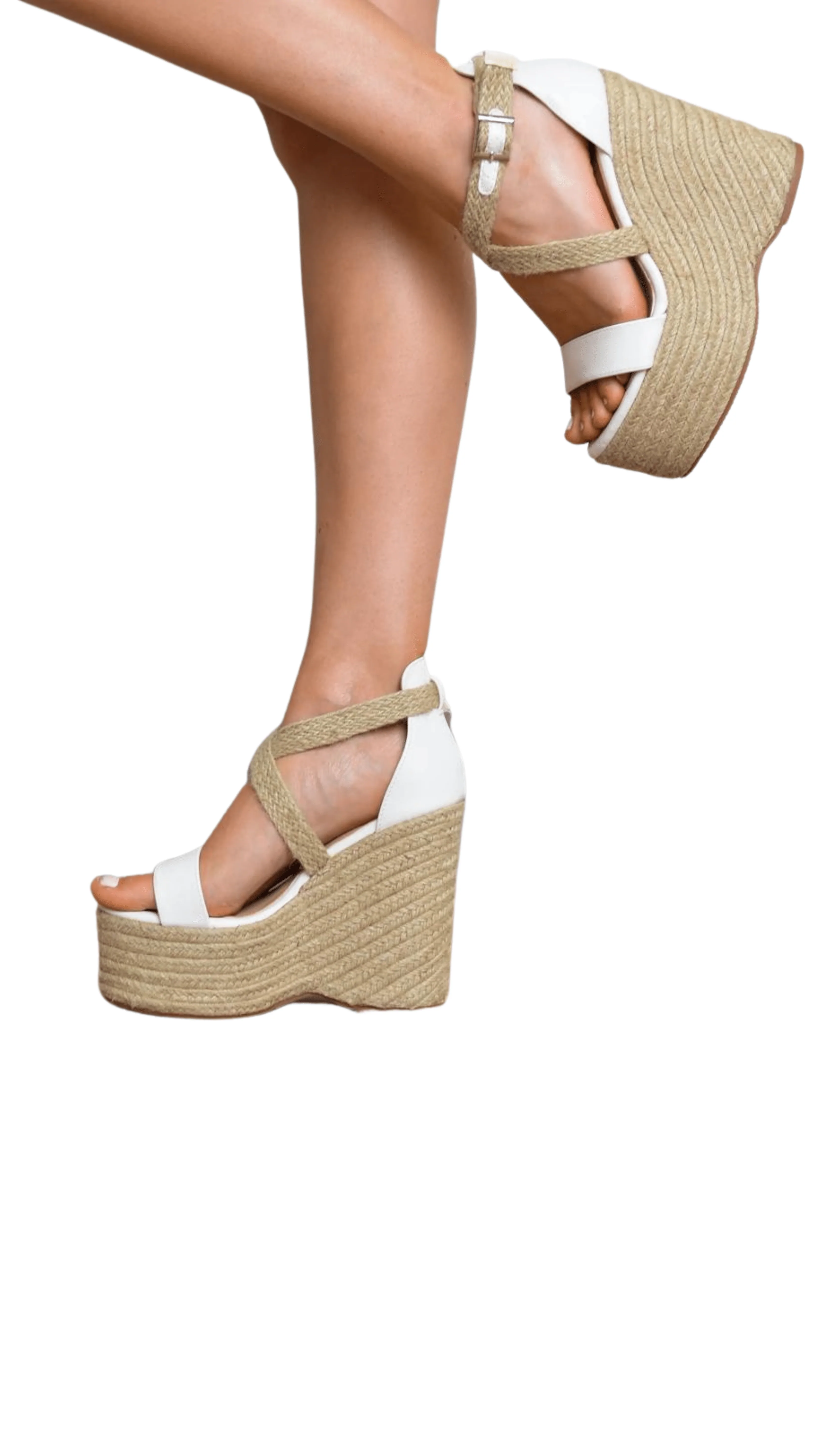 Image of White PU Cross Strap Rattan Wedges