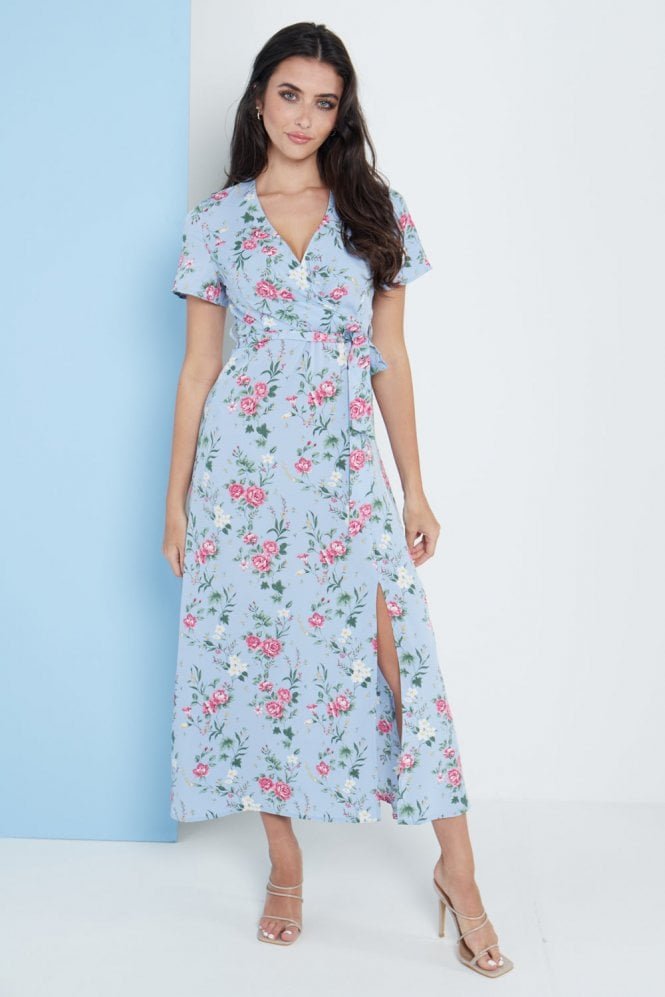 Wrap Front Maxi Dress In Blue Floral Print