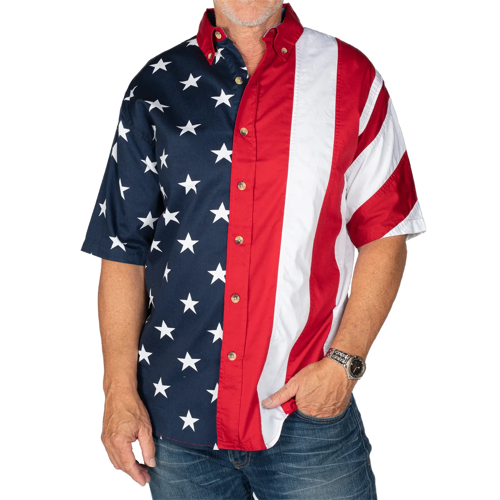 Image of Men's Stars & Stripes 100% Cotton Button-Up Shirt