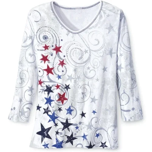 Image of Women's Made in USA Patriotic Stars 3/4 Sleeve Shirt