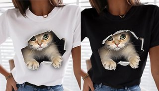 Graphic 3D Cat Print T-Shirt - 5 Sizes & 2 Colours