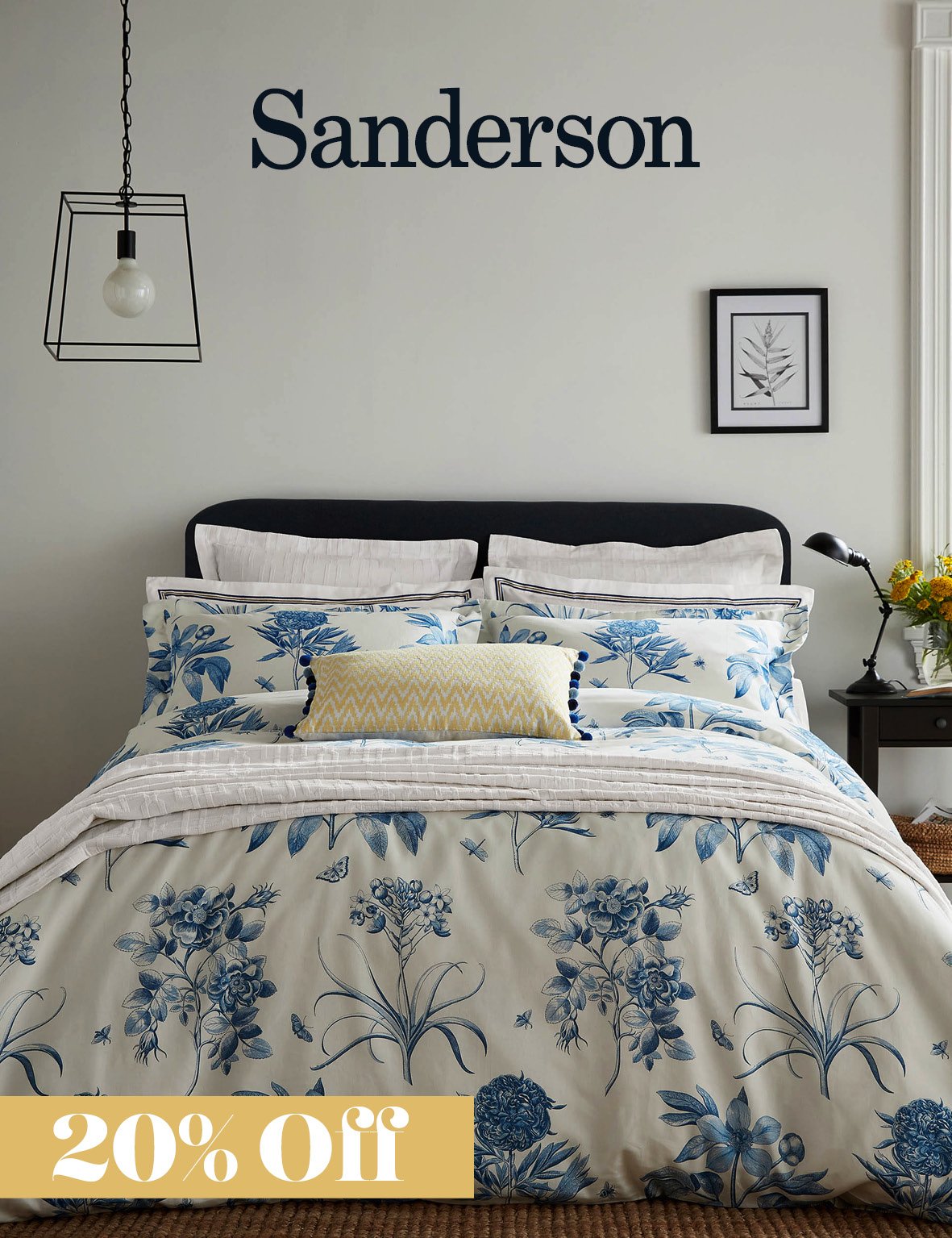 Sanderson Etchings & Roses Bedding in China Blue