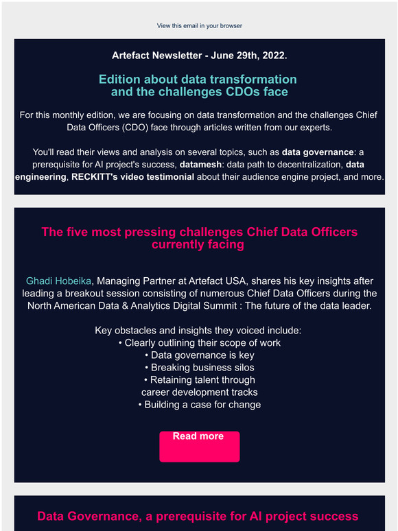 June News | The Data Transformation Edition: CDOs' challenges | Data governance | Datamesh: path to decentralization | Data engineering | RECKITT client case