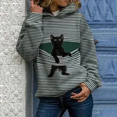 Women's Hoodie Pullover Cat Graphic Casual Daily Basic Hoodies Sweatshirts  Blue Black Gray
