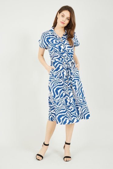 Blue Zebra Print Shirt Dress