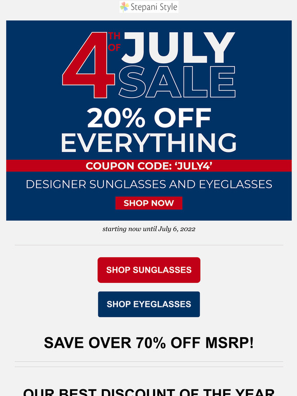 Independence Day Sale: Extra 20% Off All Designer Sunglasses & Eyeglasses