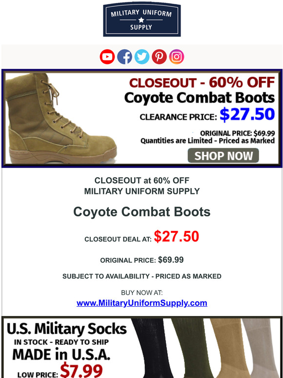 CLEARANCE 60% OFF Coyote Combat Boots - American Made Socks $7.99