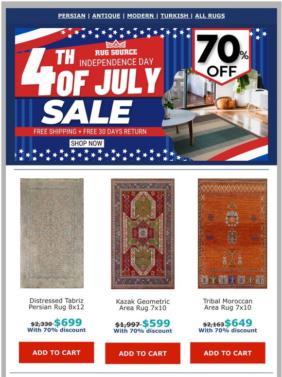 July 4th sale starts now - 70% off entire store- Real fireworks at rugsource!! Free shipping and return