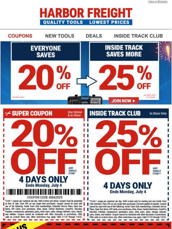 Harbor Freight Tools 4th of July Sale Starts Friday 20 off Coupon