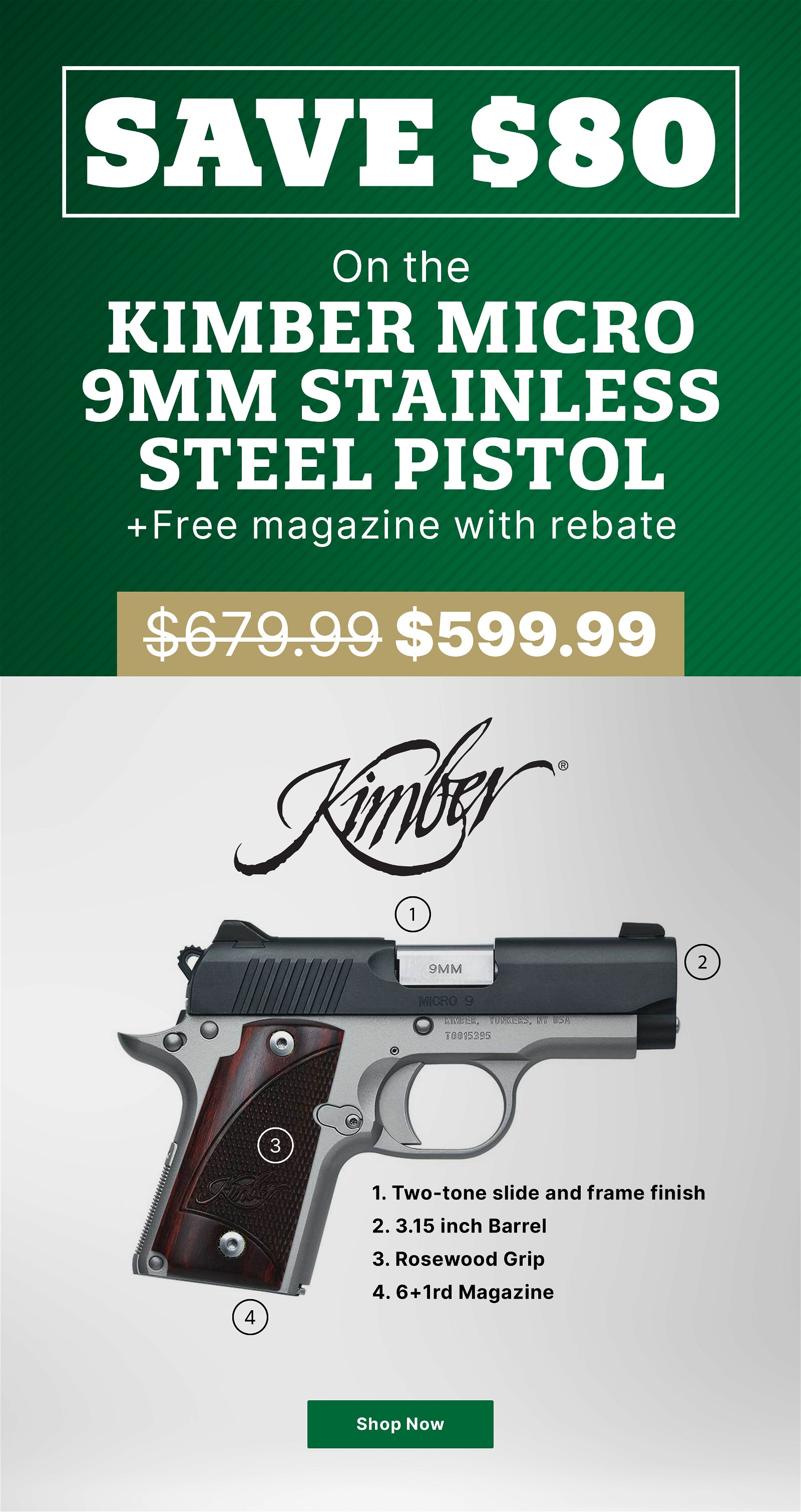 Kimber Micro 9mm Luger 3.1in Black/Stainless Steel Pistol - 6+1