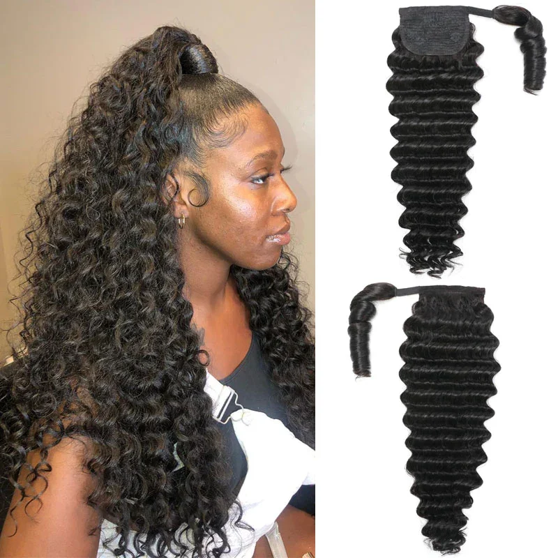 Klaiyi 6 Styles Clip in Ponytails Hair Extensions Wrap Around Deep Wave Can Be Chosen