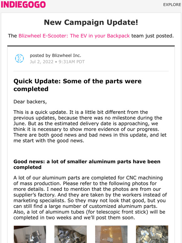 Indiegogo: 📢 Update #7 from Blizwheel E-Scooter: The EV in your ...