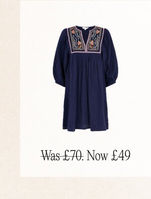Double faced embellished smock dress in sustainable cotton blue
