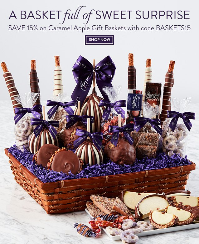 A Basket Full of Sweet Surprise! Save 15 Percent on Caramel Apple Gift Baskets with code BASKETS15
