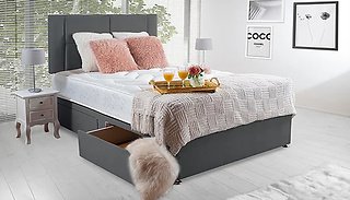 Charcoal Velvet Divan Bed With Orthopedic Mattress & Headboard- 6 Size ...
