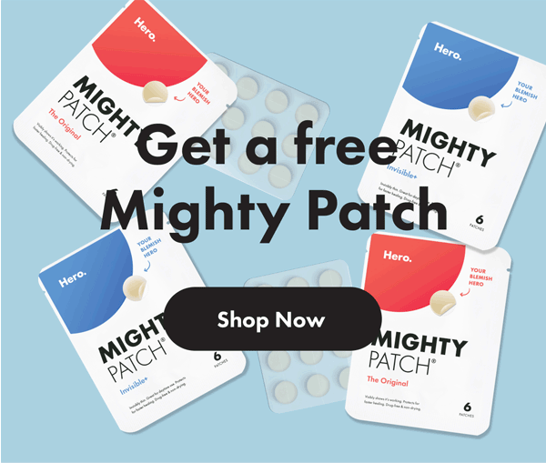 "Get a free Mighty Patch" text.  Mighty Patch Original sample, Mighty Patch Invisible+ sample, Mighty Patch Sleeve gif